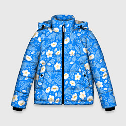 Куртка зимняя для мальчика Белые птицы голуби и цветы яблони на синем фоне не, цвет: 3D-черный