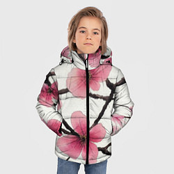Куртка зимняя для мальчика Цветы и ветви японской сакуры - текстура холста, цвет: 3D-красный — фото 2
