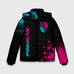 Куртка зимняя для мальчика Porsche - neon gradient: надпись, символ, цвет: 3D-черный