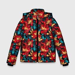 Куртка зимняя для мальчика Красные цветы с синими листьями узор, цвет: 3D-черный