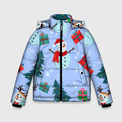 Куртка зимняя для мальчика Снеговики с новогодними подарками паттерн, цвет: 3D-красный
