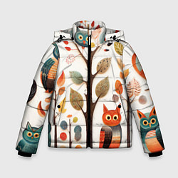 Куртка зимняя для мальчика Совы в осеннем лесу в стиле фолк-арт, цвет: 3D-светло-серый