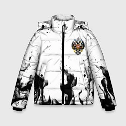 Куртка зимняя для мальчика Герб РФ огненный стиль чернобелый, цвет: 3D-черный