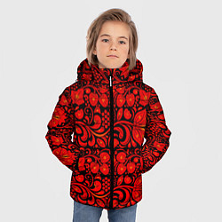 Куртка зимняя для мальчика Хохломская роспись красные цветы и ягоды на чёрном, цвет: 3D-светло-серый — фото 2