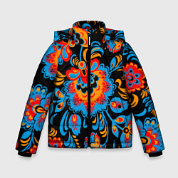 Куртка зимняя для мальчика Хохломская роспись разноцветные цветы на чёроном ф, цвет: 3D-красный