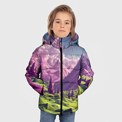 Куртка зимняя для мальчика Геометрический зеленый пейзаж и фиолетовые горы, цвет: 3D-красный — фото 2