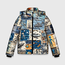 Куртка зимняя для мальчика Джинсовый пэчворк с пришельцами, цвет: 3D-светло-серый
