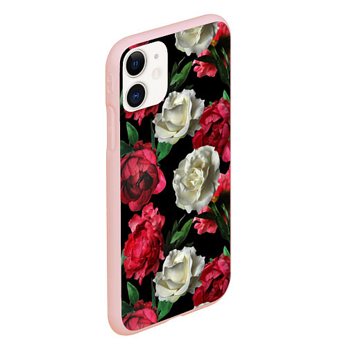 Чехол iPhone 11 матовый Красные и белые розы / 3D-Светло-розовый – фото 2
