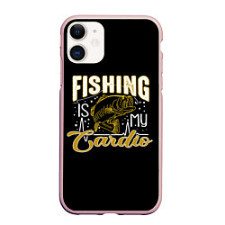 Чехол iPhone 11 матовый Fishing is my Cardio, цвет: 3D-светло-розовый