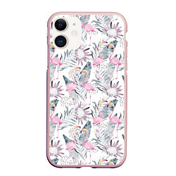 Чехол iPhone 11 матовый Тропические фламинго, цвет: 3D-светло-розовый