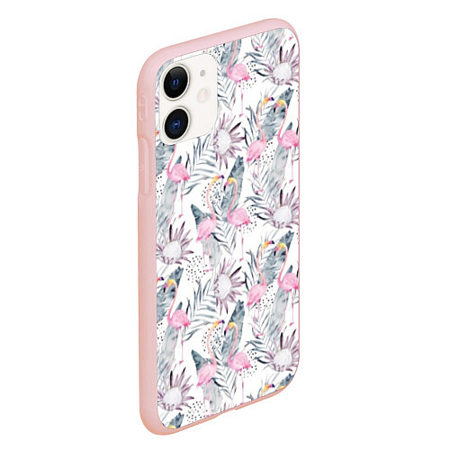 Чехол iPhone 11 матовый Тропические фламинго / 3D-Светло-розовый – фото 2