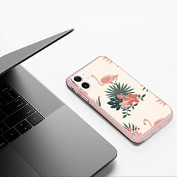 Чехол iPhone 11 матовый Розовый фламинго и цветы, цвет: 3D-светло-розовый — фото 2