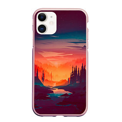 Чехол iPhone 11 матовый Minimal forest sunset, цвет: 3D-светло-розовый