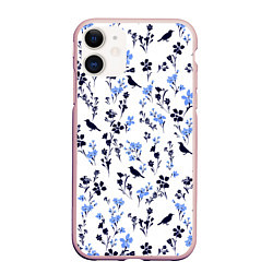 Чехол iPhone 11 матовый Цветы и птицы, цвет: 3D-светло-розовый