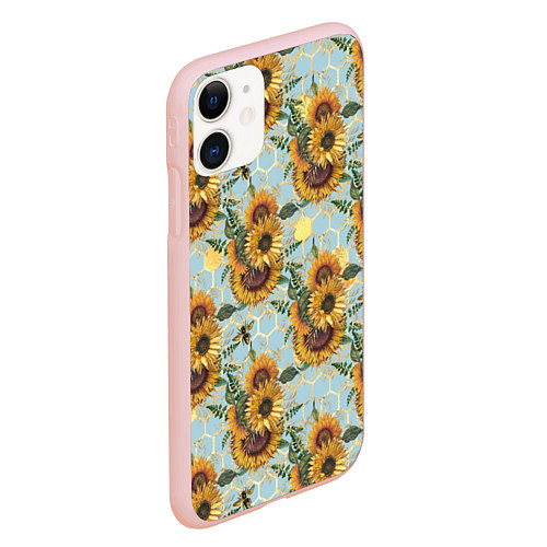 Чехол iPhone 11 матовый Подсолнухи и пчёлы на голубом / 3D-Светло-розовый – фото 2