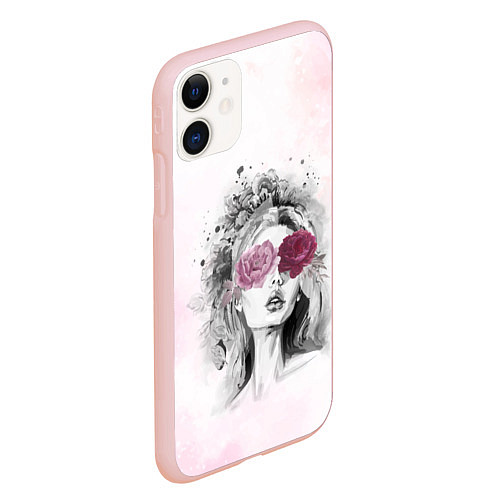 Чехол iPhone 11 матовый Девушка цветы акварель / 3D-Светло-розовый – фото 2