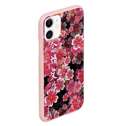 Чехол iPhone 11 матовый Иероглифы и Сакура 3D / 3D-Светло-розовый – фото 2