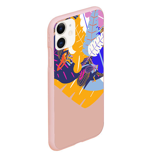 Чехол iPhone 11 матовый Узор из листьев и цветов / 3D-Светло-розовый – фото 2