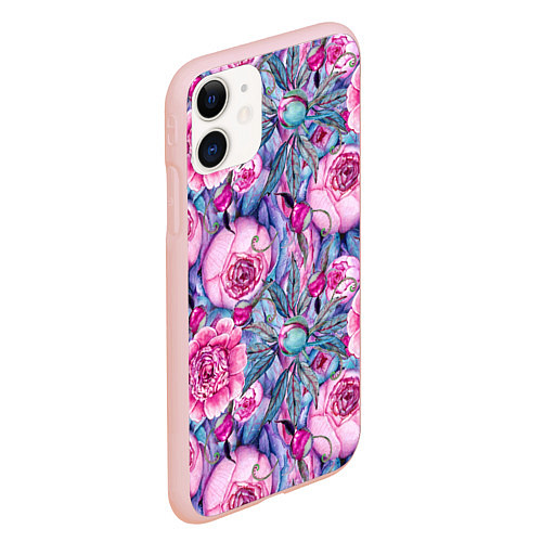 Чехол iPhone 11 матовый Волшебный сад с пионами / 3D-Светло-розовый – фото 2