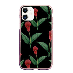 Чехол iPhone 11 матовый Красные каллы на черном, цвет: 3D-светло-розовый