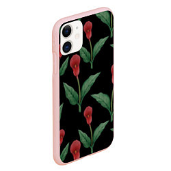 Чехол iPhone 11 матовый Красные каллы на черном, цвет: 3D-светло-розовый — фото 2