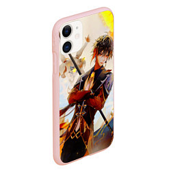 Чехол iPhone 11 матовый Zhong li с копьем genshin impact, цвет: 3D-светло-розовый — фото 2