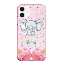 Чехол iPhone 11 матовый Слоних в конфетти, цвет: 3D-светло-розовый