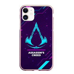 Чехол iPhone 11 матовый Символ Assassins Creed в неоновых цветах на темном, цвет: 3D-светло-розовый