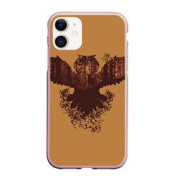 Чехол iPhone 11 матовый Летящая сова и осенний лес, цвет: 3D-светло-розовый