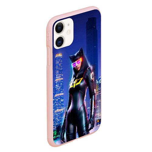 Чехол iPhone 11 матовый Cat girl on the background of a megalopolis / 3D-Светло-розовый – фото 2