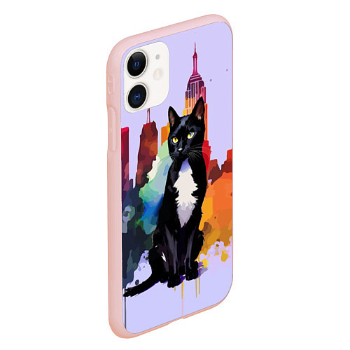 Чехол iPhone 11 матовый Милая кисуля в Нью-Йорке - акварель / 3D-Светло-розовый – фото 2
