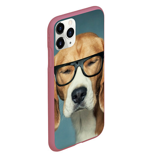 Чехол iPhone 11 Pro матовый Бигль в очках / 3D-Малиновый – фото 2