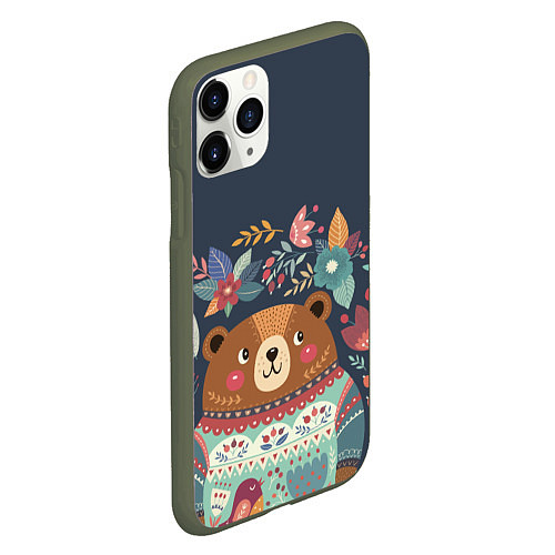 Чехол iPhone 11 Pro матовый Осенний медведь / 3D-Темно-зеленый – фото 2