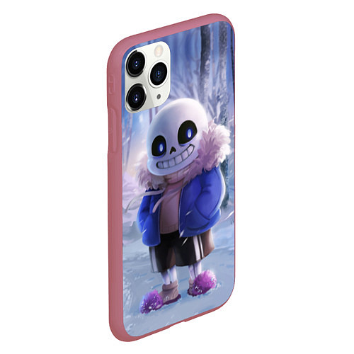 Чехол iPhone 11 Pro матовый Winter forest & Sans / 3D-Малиновый – фото 2