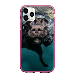 Чехол iPhone 11 Pro матовый Пес дайвер, цвет: 3D-малиновый