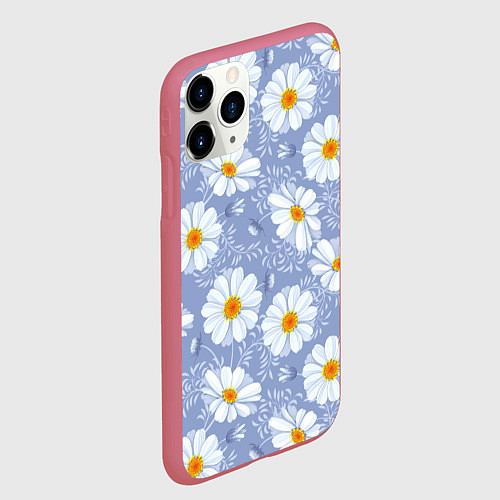 Чехол iPhone 11 Pro матовый Нежные ромашки / 3D-Малиновый – фото 2