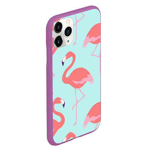 Чехол iPhone 11 Pro матовый Розовые фламинго / 3D-Фиолетовый – фото 2