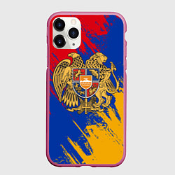 Чехол iPhone 11 Pro матовый Герб и флаг Армении, цвет: 3D-малиновый
