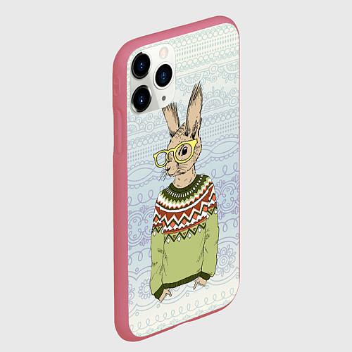 Чехол iPhone 11 Pro матовый Кролик хипстер / 3D-Малиновый – фото 2
