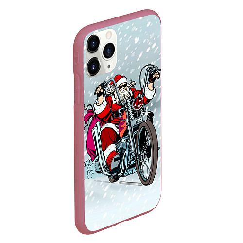 Чехол iPhone 11 Pro матовый Санта Клаус байкер / 3D-Малиновый – фото 2