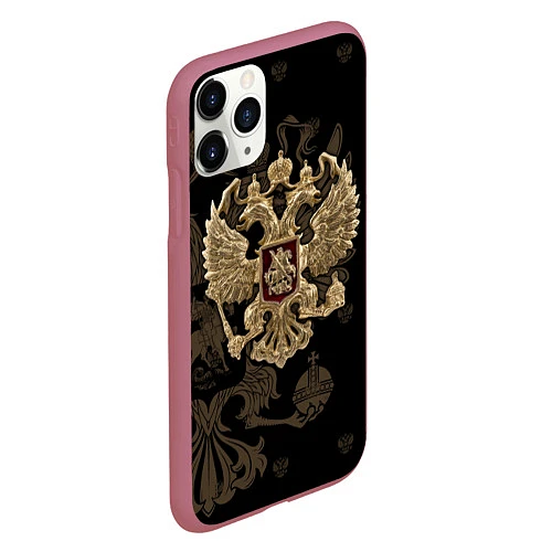 Чехол iPhone 11 Pro матовый Золотой Герб России / 3D-Малиновый – фото 2