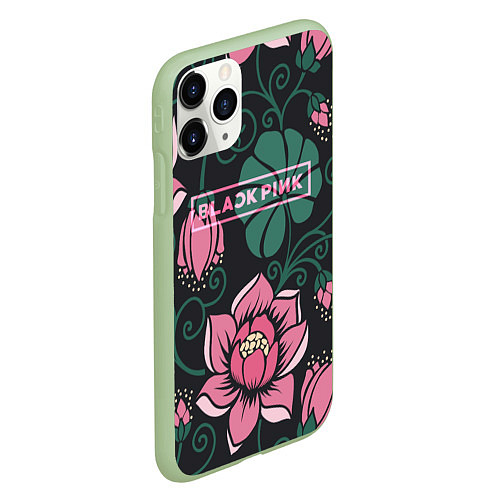 Чехол iPhone 11 Pro матовый Black Pink: Delicate Flowers / 3D-Салатовый – фото 2