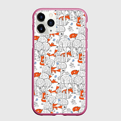 Чехол iPhone 11 Pro матовый Лисички в зимнем лесу, цвет: 3D-малиновый