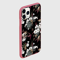 Чехол iPhone 11 Pro матовый Белые цветы в темноте, цвет: 3D-малиновый — фото 2