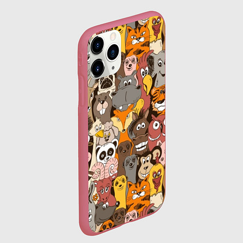 Чехол iPhone 11 Pro матовый Прикольные зверушки / 3D-Малиновый – фото 2