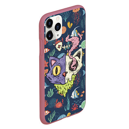 Чехол iPhone 11 Pro матовый Cat skull - art / 3D-Малиновый – фото 2