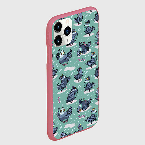 Чехол iPhone 11 Pro матовый Голуби и червяки / 3D-Малиновый – фото 2