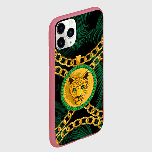 Чехол iPhone 11 Pro матовый Золотой леопард и цепь / 3D-Малиновый – фото 2