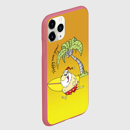 Чехол iPhone 11 Pro матовый Happy New Year - Santa on the beach / 3D-Малиновый – фото 2