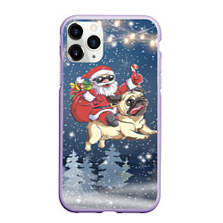 Чехол iPhone 11 Pro матовый Санта едет на мопсе, цвет: 3D-светло-сиреневый